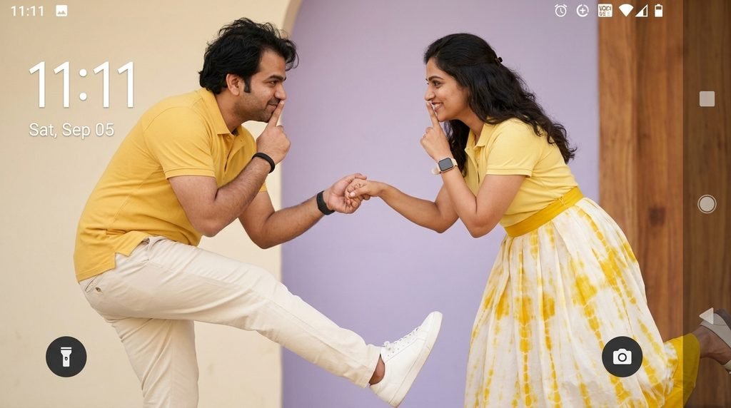 Couple posing together facing