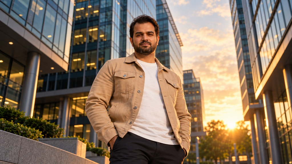 Cinematic low angle portrait at sunset