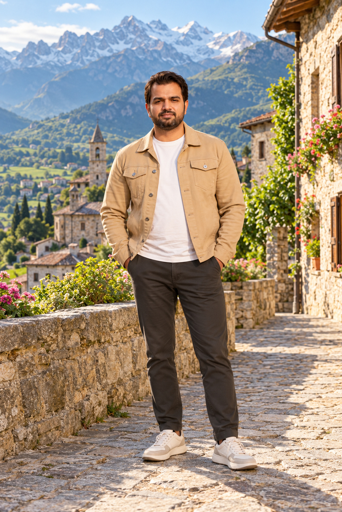 Traveler in a mountain village